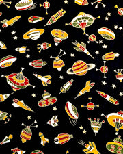 Japanese chiyogami paper featuring orange & red spaceships & planets on a black background with metallic gold accents.