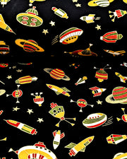 Japanese chiyogami paper featuring orange & red spaceships & planets on a black background with metallic gold accents.