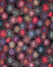 Japanese chiyogami featuring colorful red, blue, and white exploding fireworks on a black background with metallic gold accents.