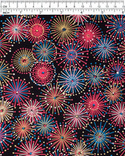 Japanese chiyogami featuring colorful red, blue, and white exploding fireworks on a black background with metallic gold accents.