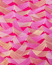 Japanese chiyogami paper featuring metallic gold & white triangles on a magenta pink background.
