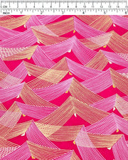Japanese chiyogami paper featuring metallic gold & white triangles on a magenta pink background.