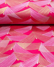 Japanese chiyogami paper featuring metallic gold & white triangles on a magenta pink background.