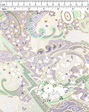 Japanese chiyogami paper featuring a light gray and turquoise stormy seascape with lightning, butterflies, and floral boats with metallic gold and silver accents.