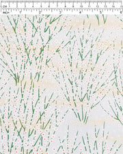 Japanese chiyogami paper featuring small white flower bushes over a light blue background with metallic gold accents.