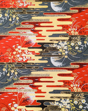 Japanese chiyogami paper featuring full moons, flowers, and flying birds on a red and gray background with metallic silver and gold accents.