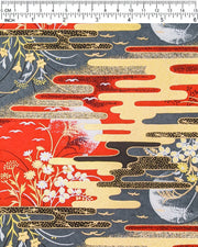 Japanese chiyogami paper featuring full moons, flowers, and flying birds on a red and gray background with metallic silver and gold accents.