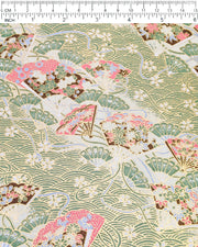 Japanese chiyogami featuring floral hand fans on a green wave crest background with metallic gold accents.