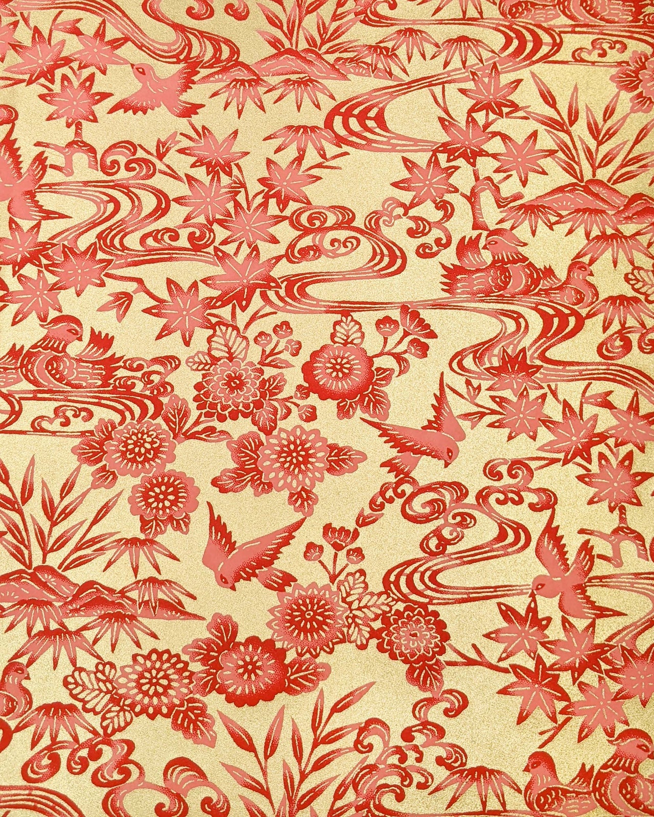 Japanese chiyogami paper featuring red birds and flowers on a metallic gold background.