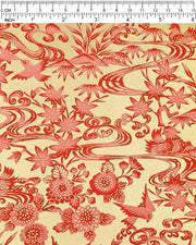 Japanese chiyogami paper featuring red birds and flowers on a metallic gold background.