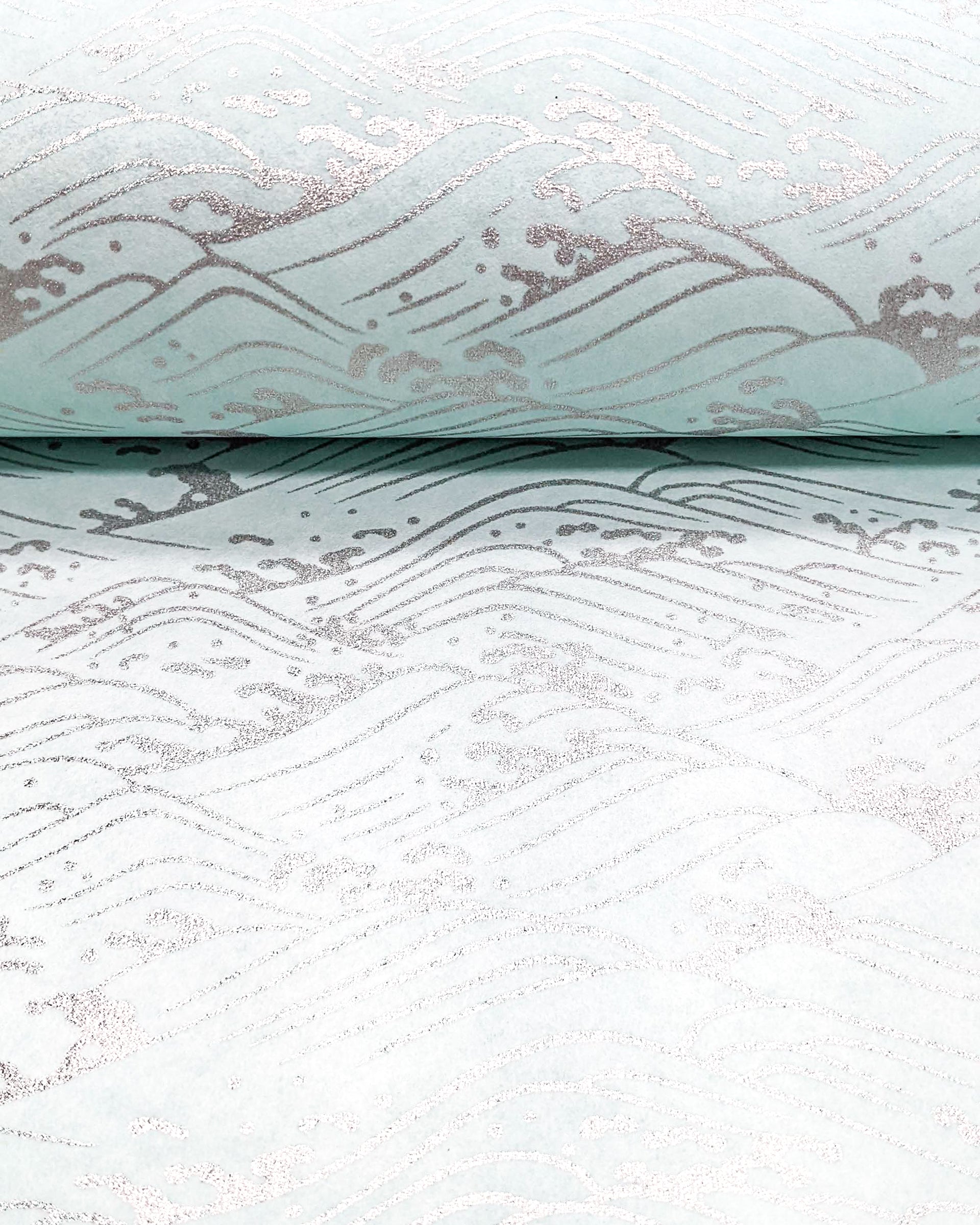 Japanese chiyogami paper featuring metallic silver waves on a light blue background.