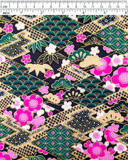 Japanese chiyogami paper featuring pink & white plum blossoms on a black & green background with metallic gold accents.