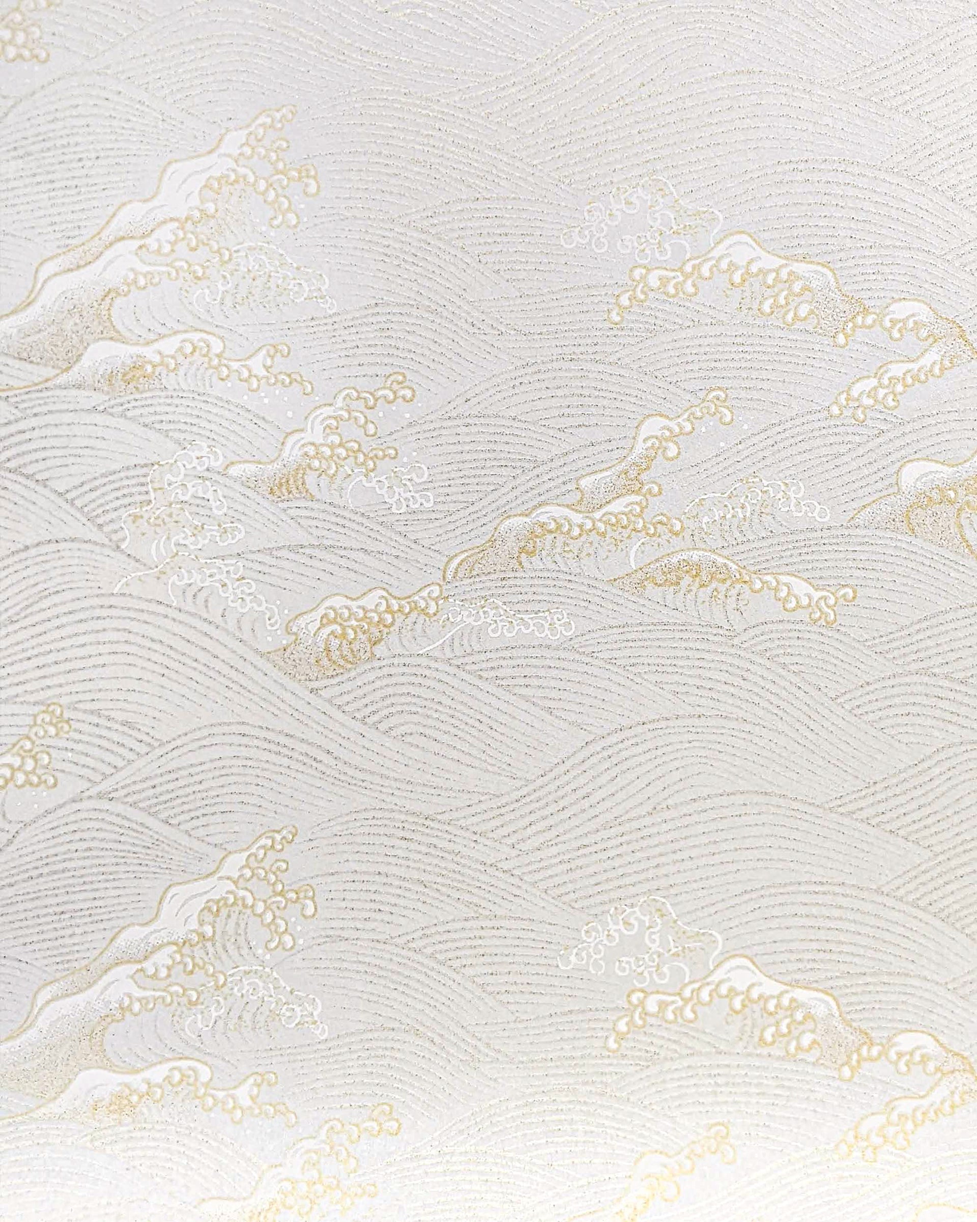 Japanese chiyogami paper featuring metallic silver & gold waves on a white background.