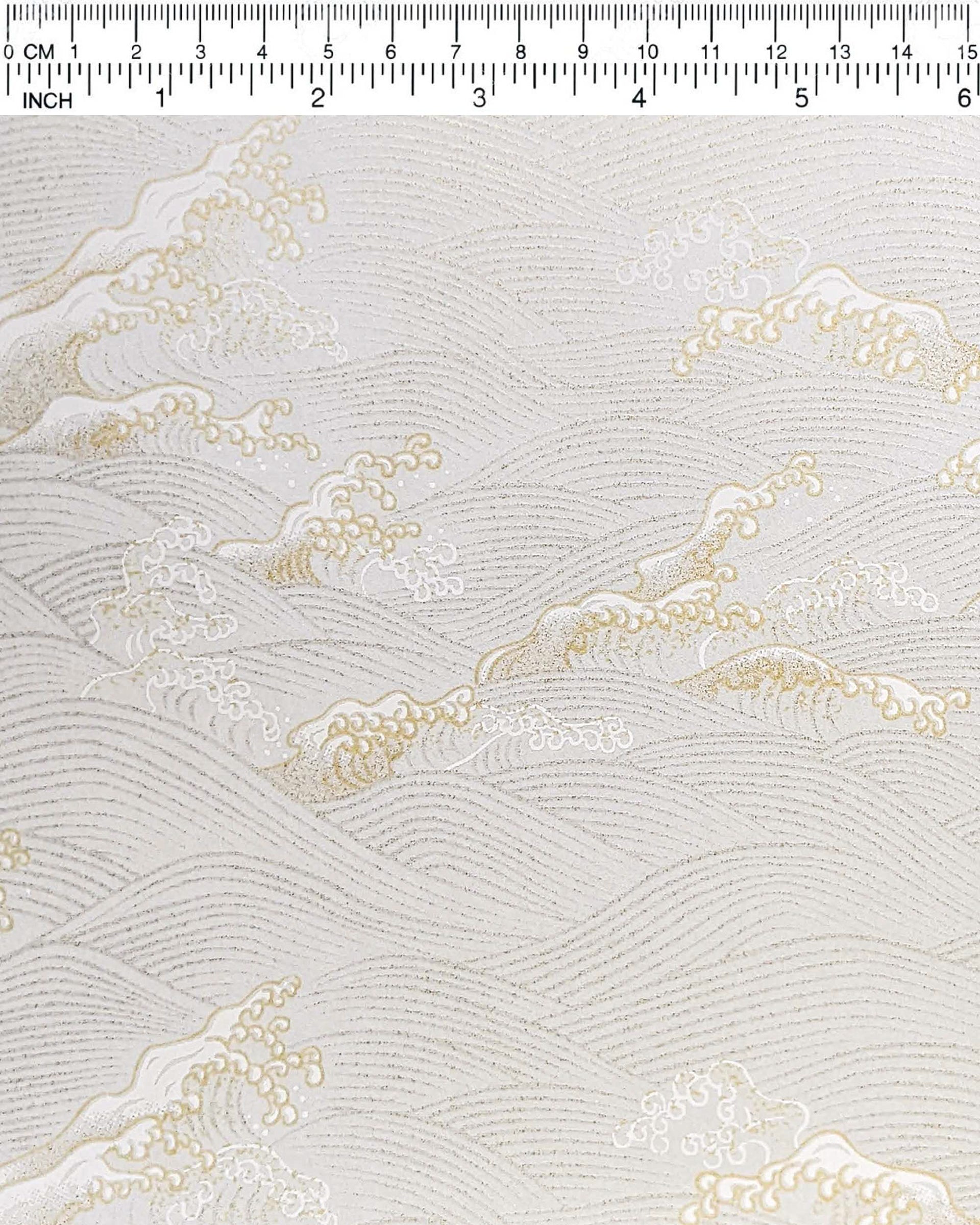 Japanese chiyogami paper featuring metallic silver & gold waves on a white background.