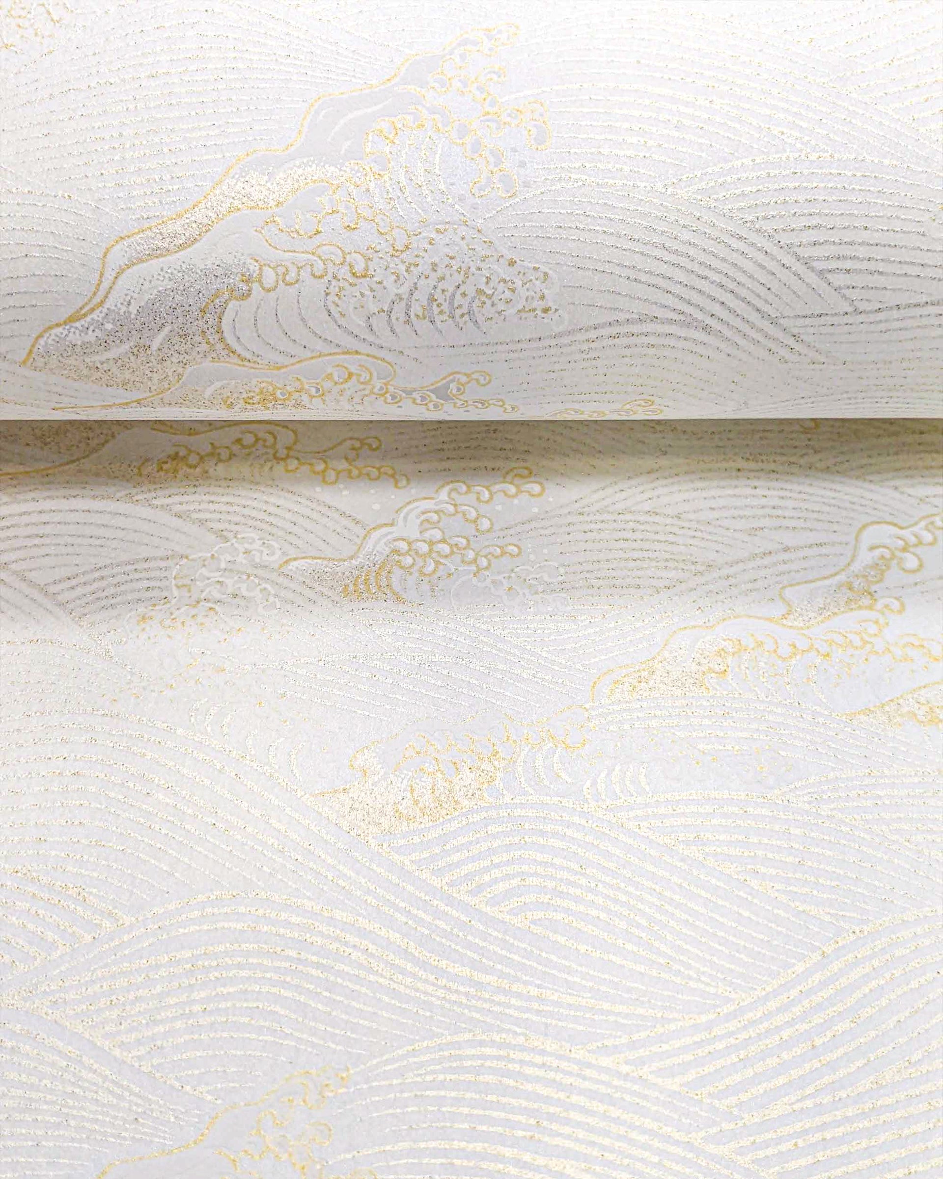 Japanese chiyogami paper featuring metallic silver & gold waves on a white background.