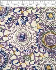 Japanese chiyogami paper featuring large purple & yellow zinnia flowers on a beige background.
