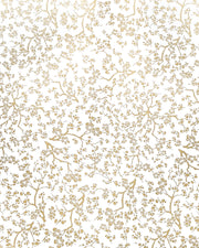 Japanese chiyogami paper featuring small metallic gold plum blossom branches on a white background.
