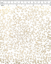 Japanese chiyogami paper featuring small metallic gold plum blossom branches on a white background.