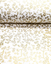 Japanese chiyogami paper featuring small metallic gold plum blossom branches on a white background.