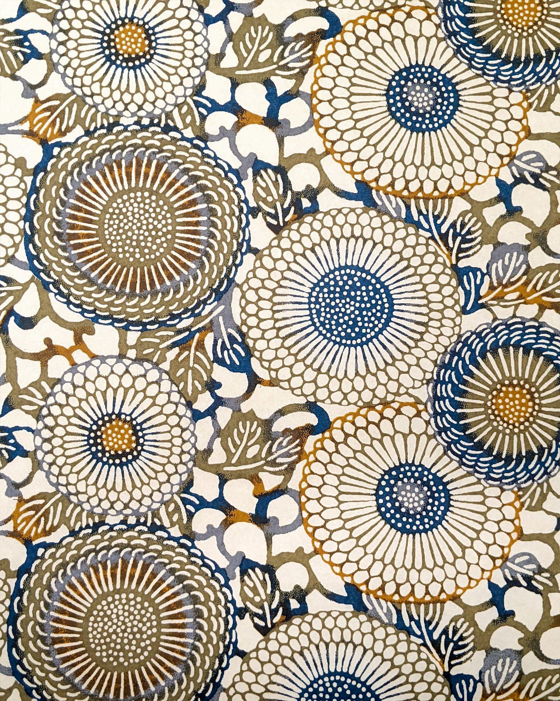 Japanese chiyogami paper featuring large blue and green zinnia flowers with orange accents on a beige background.