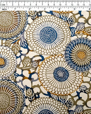 Japanese chiyogami paper featuring large blue and green zinnia flowers with orange accents on a beige background.