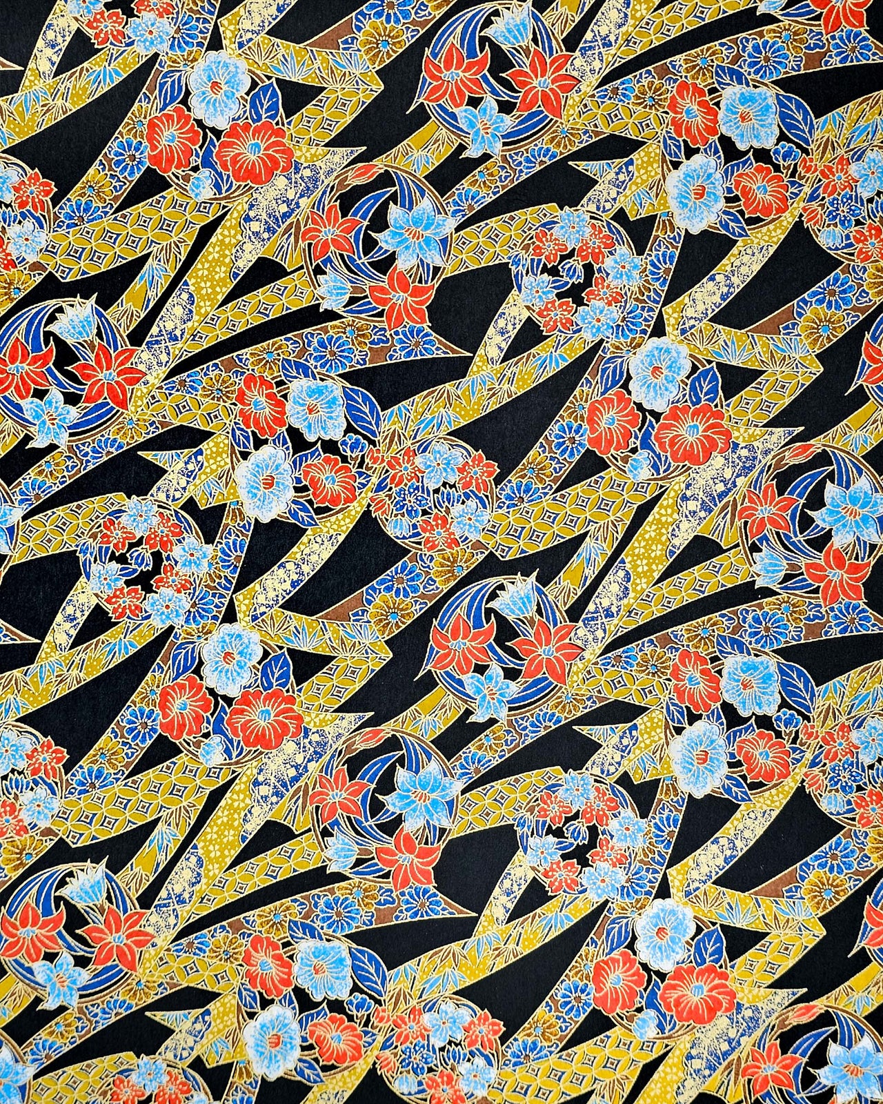 Japanese chiyogami paper featuring red & blue flowers and yellow ribbons with a shippo and floral pattern on a black background with metallic gold accents.