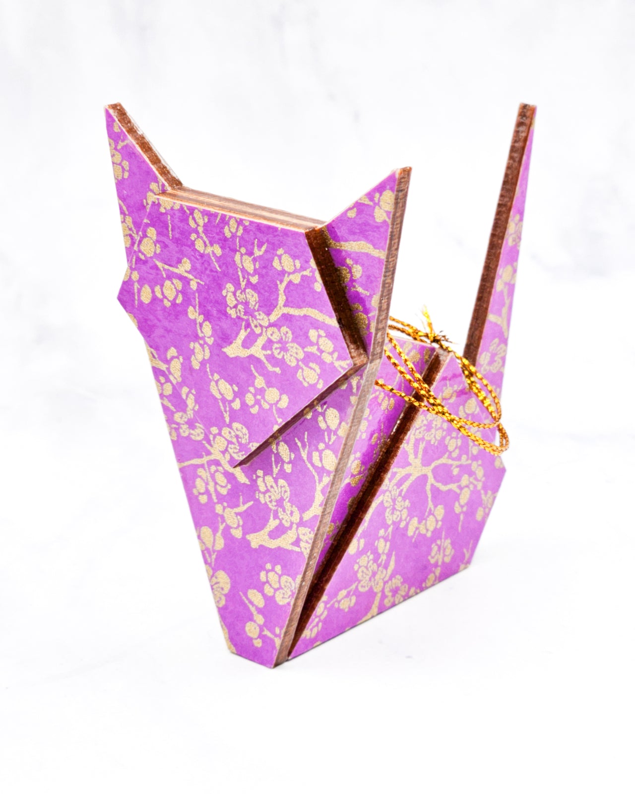 Wooden Origami Cat - Gold Plum Blossoms on Purple