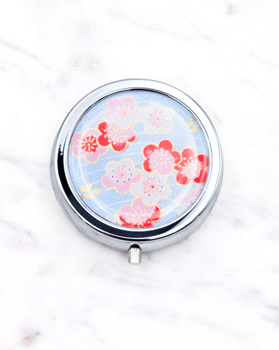 Pink Plum Blossoms on Light Blue Pill Box