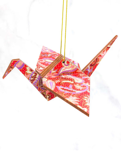 Wooden Origami Crane -  Pink Paisley