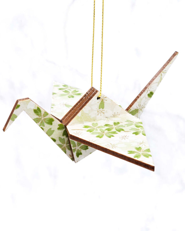 Wooden Origami Crane - Light Green Cherry Blossoms