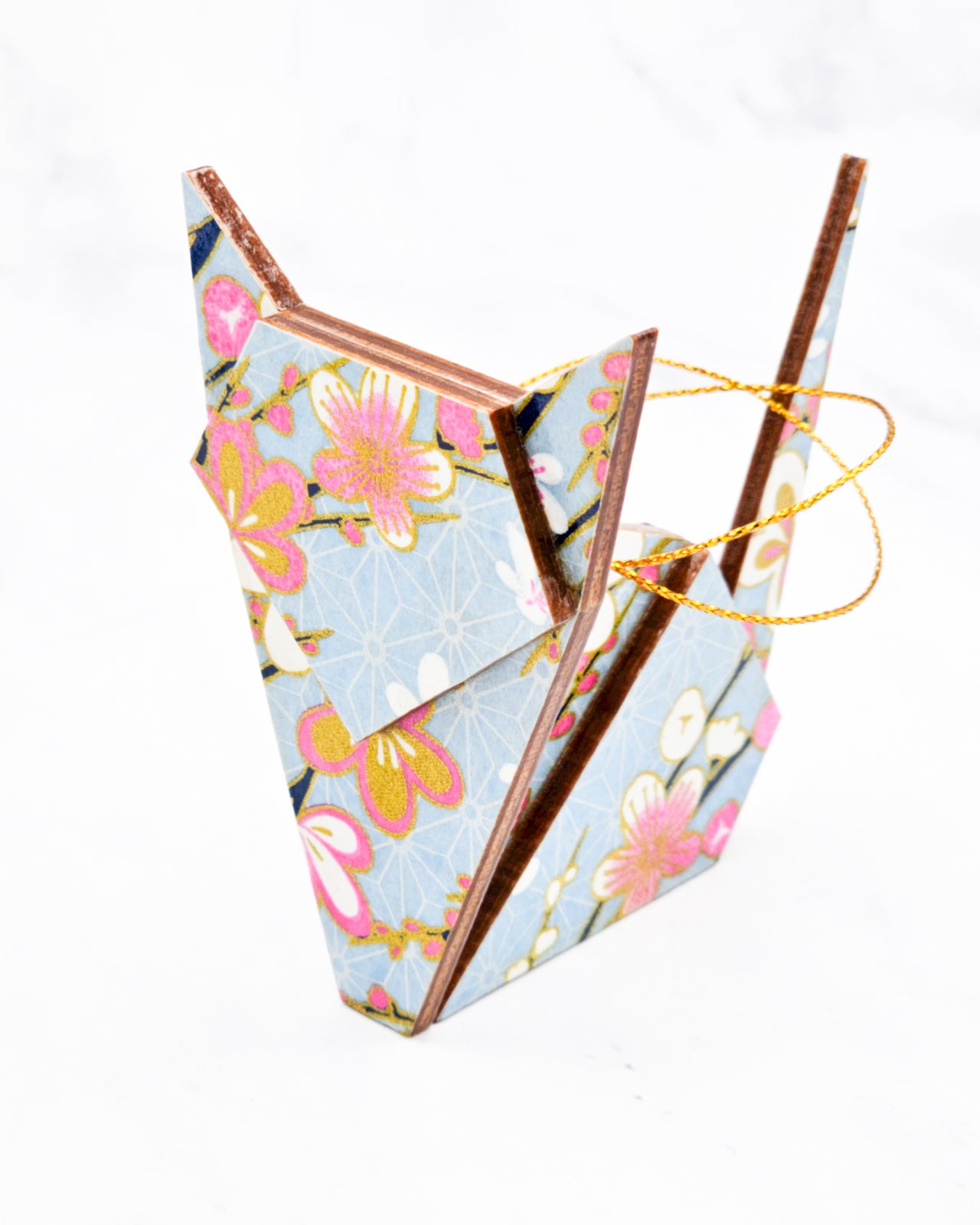 Wooden Origami Cat - Pink & White Blossoms on Light Blue