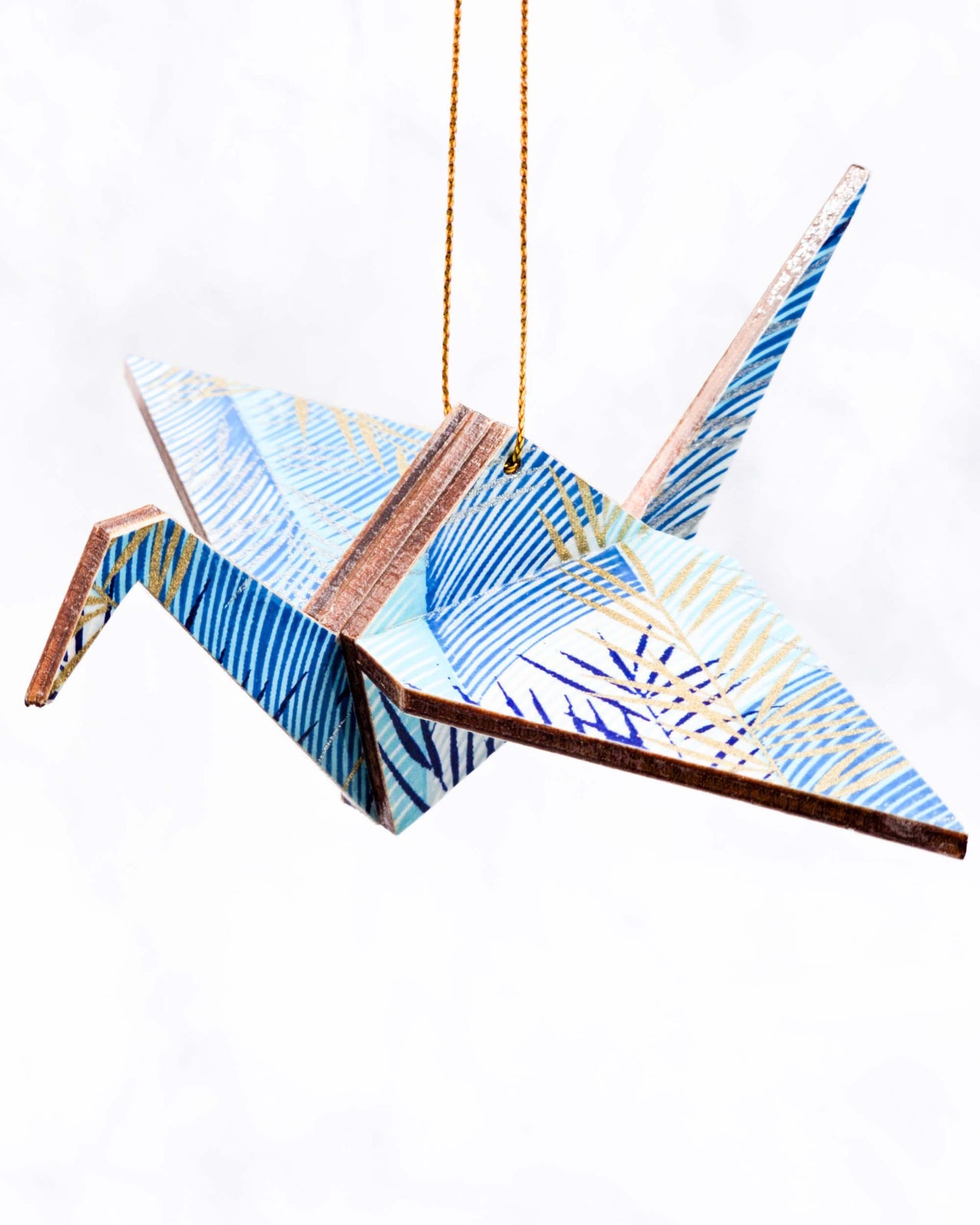 Wooden Origami Crane - Metallic Leaves on Blue