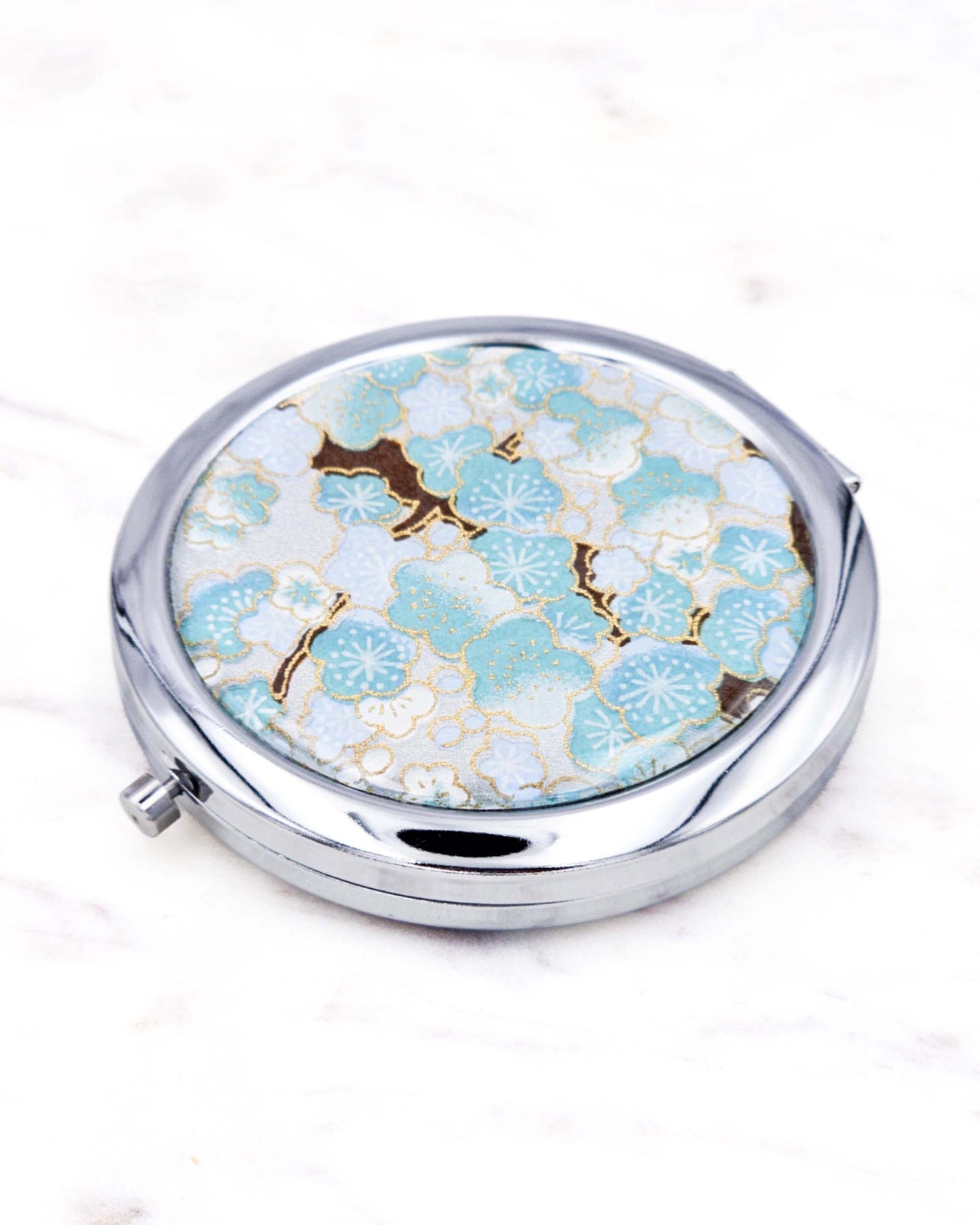 Compact Mirror - Turquoise Plum Blossom Tree on Silver