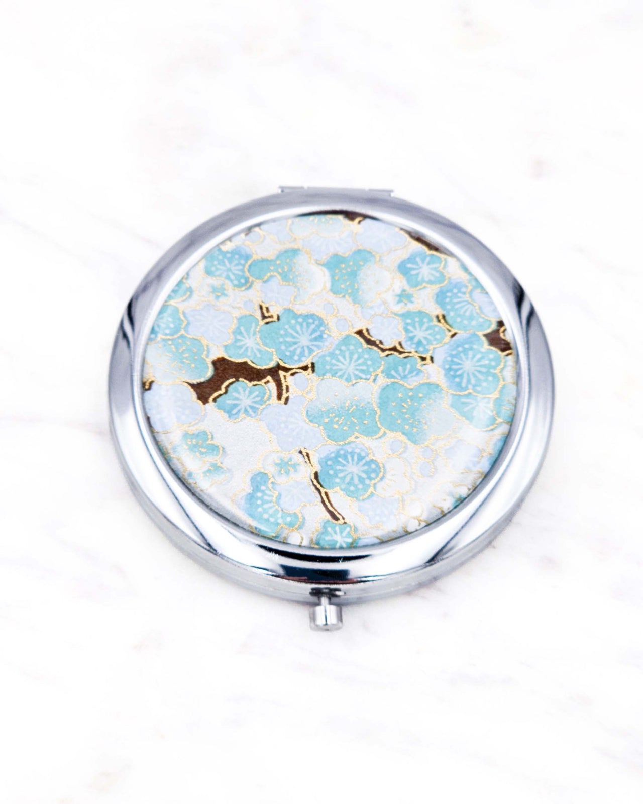 Compact Mirror - Turquoise Plum Blossom Tree on Silver