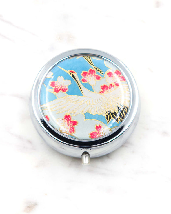 Cranes & Cherry Blossoms on Blue Pill Box