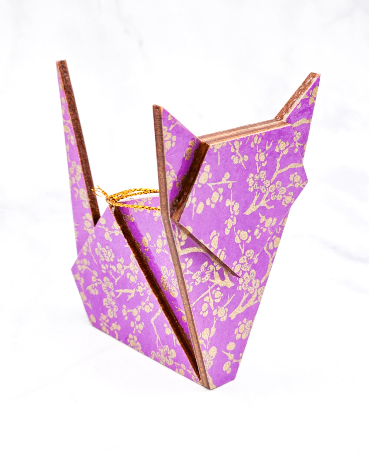 Wooden Origami Cat - Gold Plum Blossoms on Purple