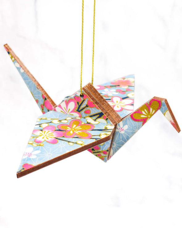 Wooden Origami Crane - Pink & White Blossoms on Light Blue