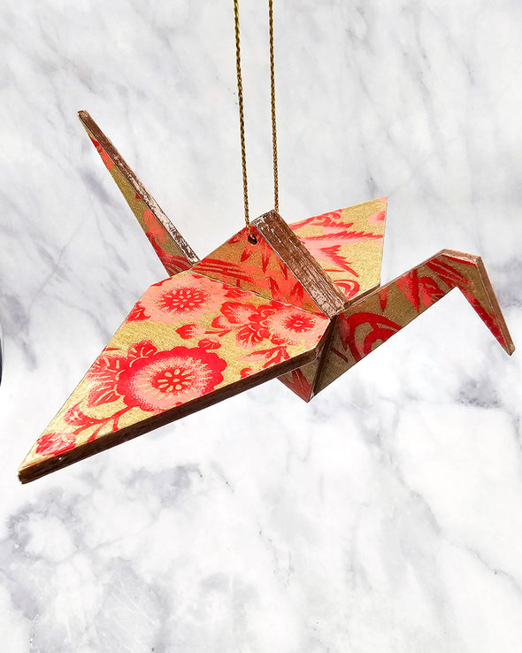 Wooden Origami Crane - Red Birds & Flowers on Gold