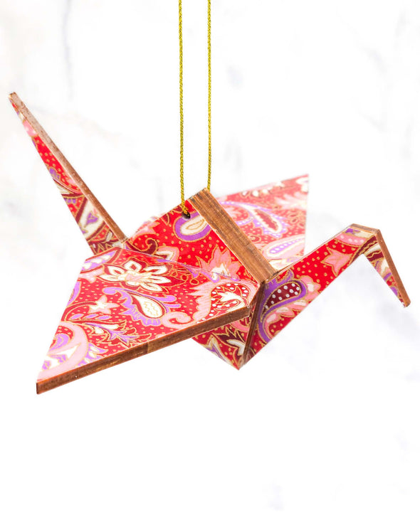 Wooden Origami Crane -  Pink Paisley