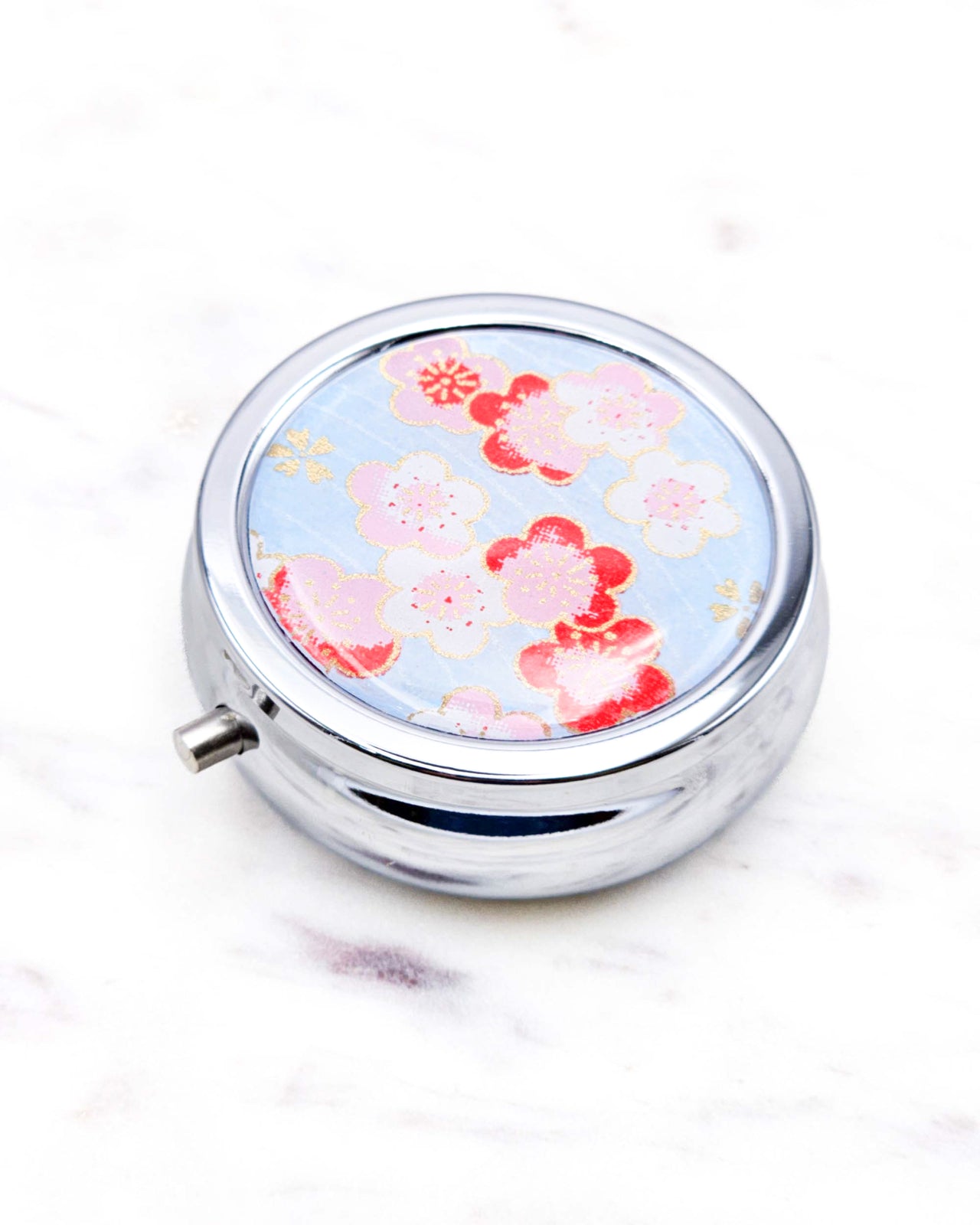 Pink Plum Blossoms on Light Blue Pill Box