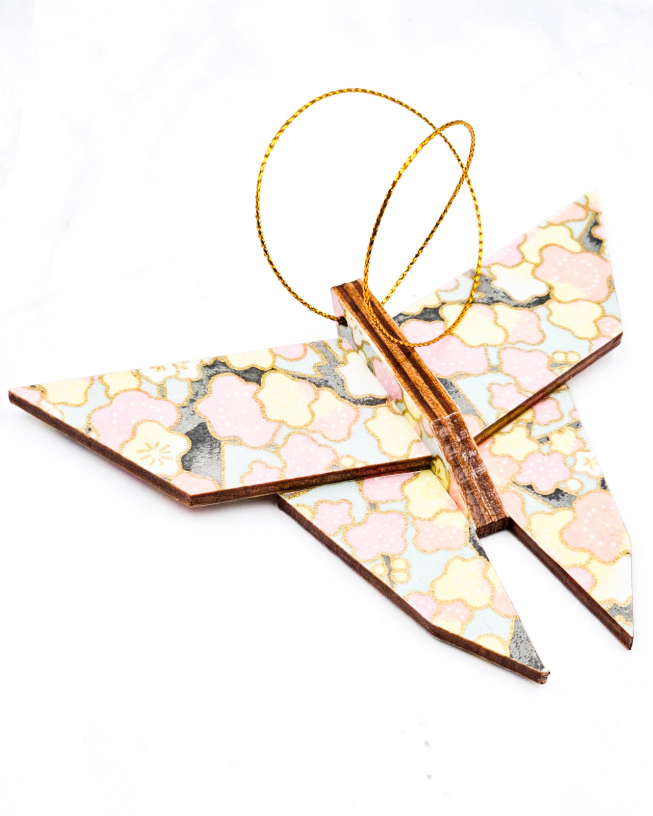 Wooden Origami Butterfly - Pink & Yellow Plum Blossom Tree on Blue