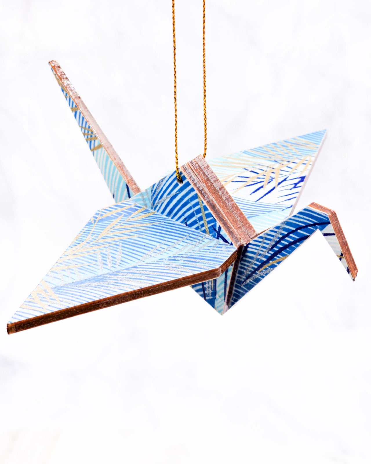 Wooden Origami Crane - Metallic Leaves on Blue