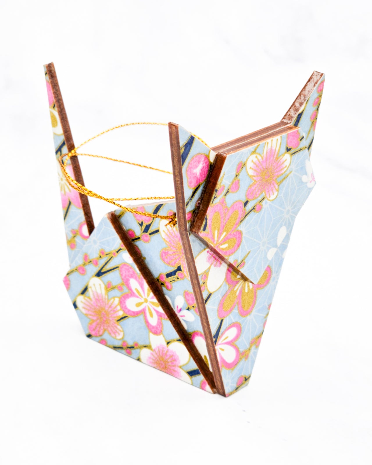 Wooden Origami Cat - Pink & White Blossoms on Light Blue