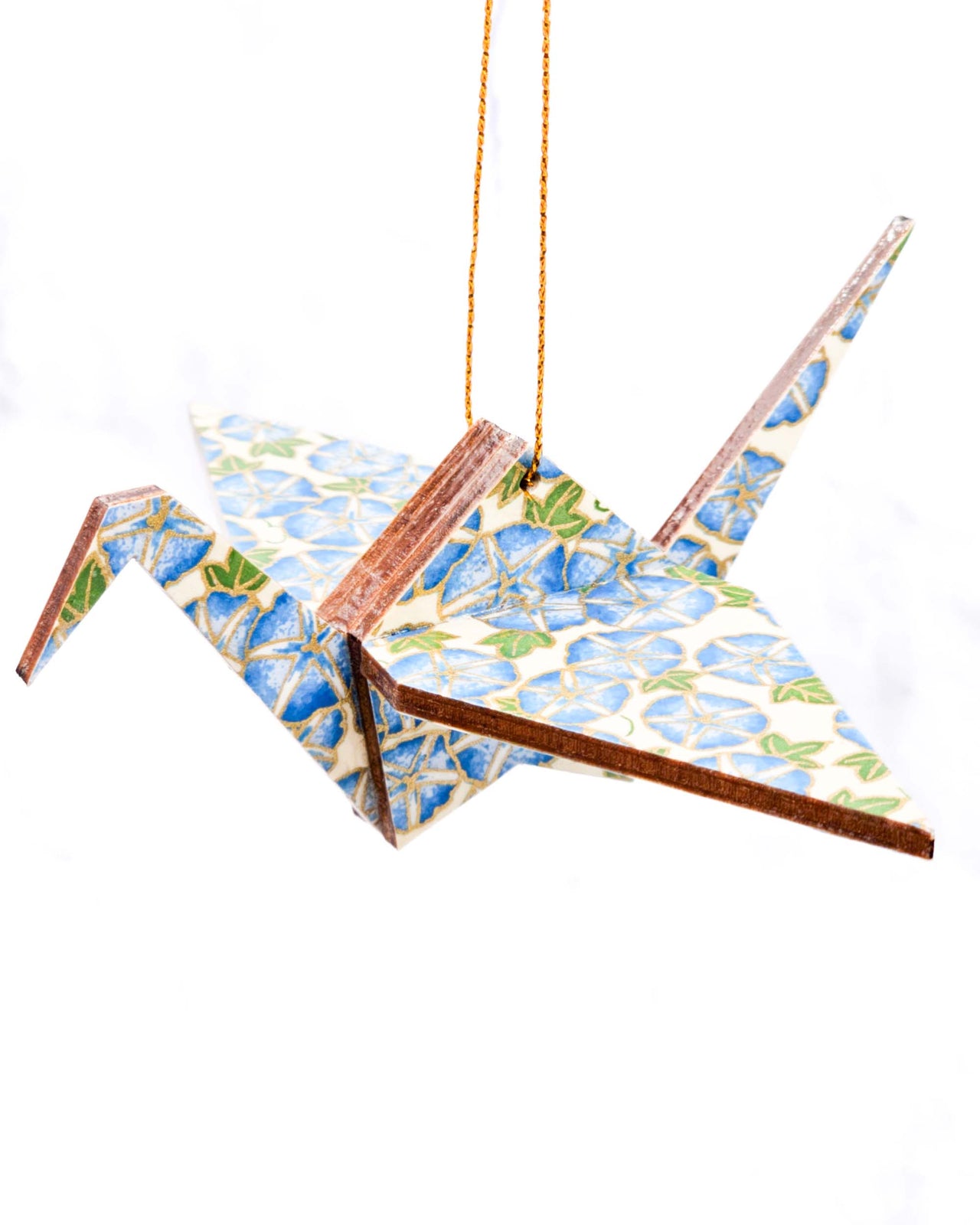 Wooden Origami Crane - Blue Morning Glory Flowers