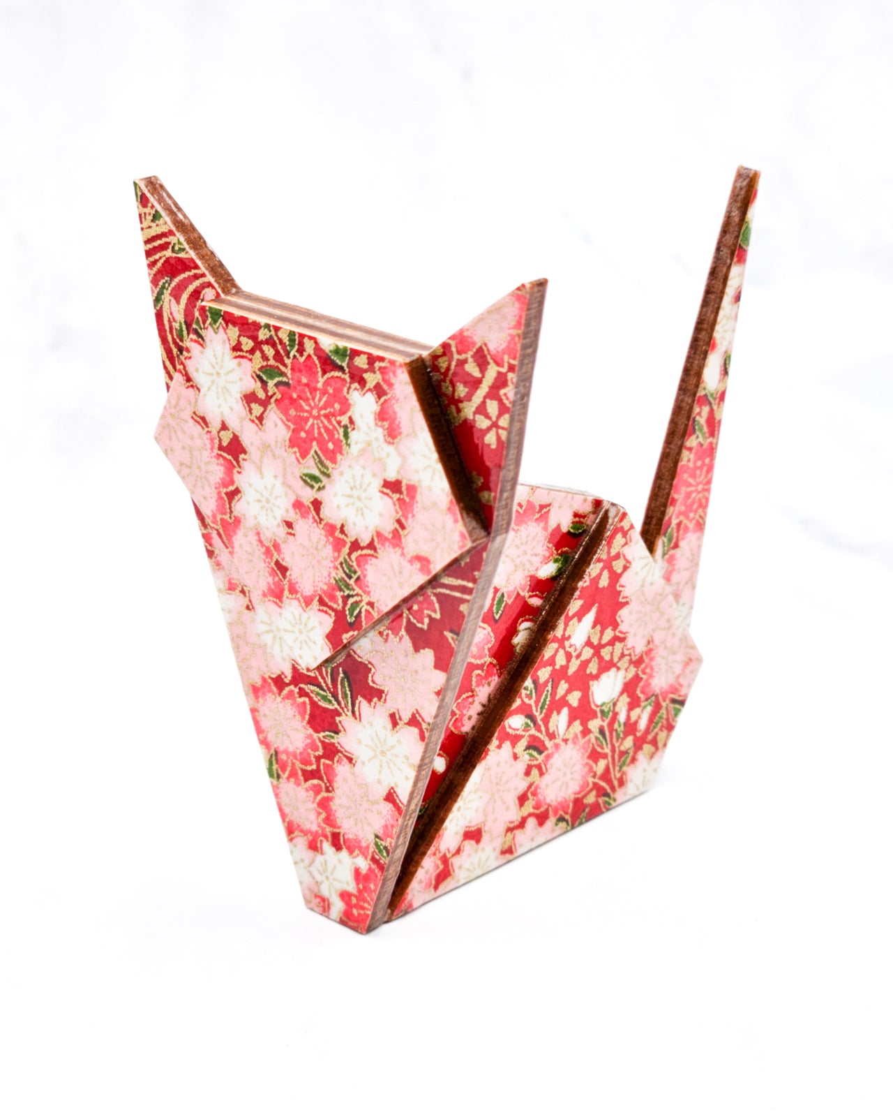 Wooden Origami Cat - Red & White Cherry Blossoms on Red