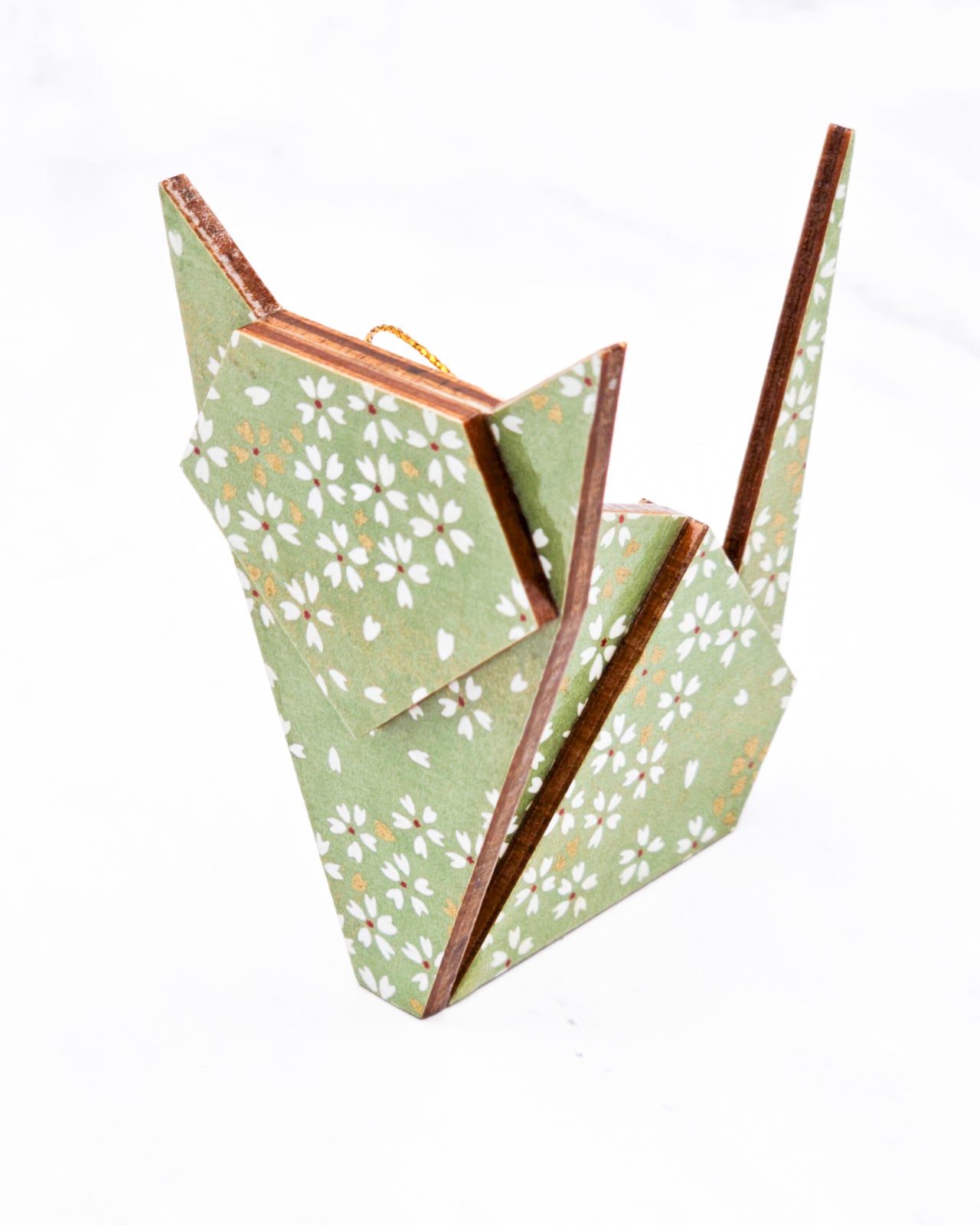 Wooden Origami Cat - White & Gold Cherry Blossoms on Green