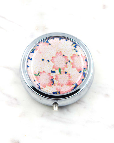 Pink Cherry Blossoms on Blue Pill Box