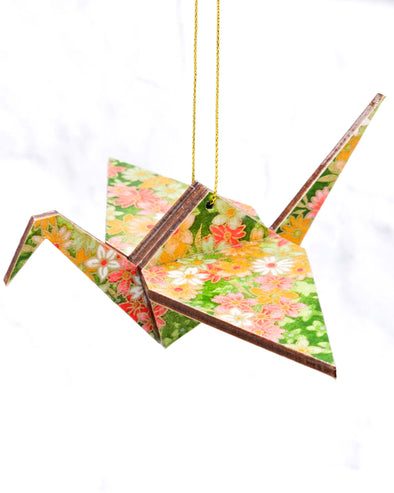 Wooden Origami Crane - Assorted Flowers on Green