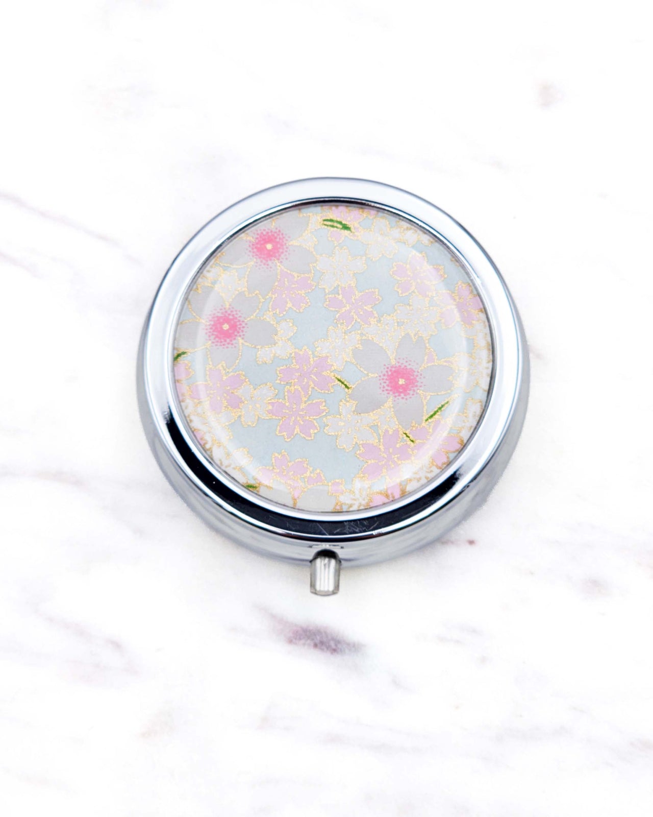 Pink Cherry Blossoms on Light Blue Pill Box