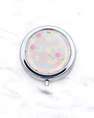 Pink Cherry Blossoms on Light Blue Pill Box